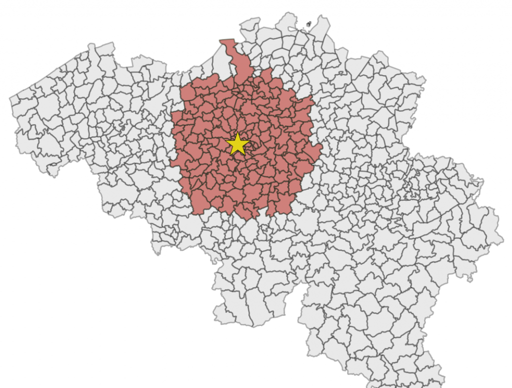 Municipalities in a radius of 30km from Brussels, the capital